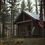 Flick International A rustic wooden cabin in a serene forest setting