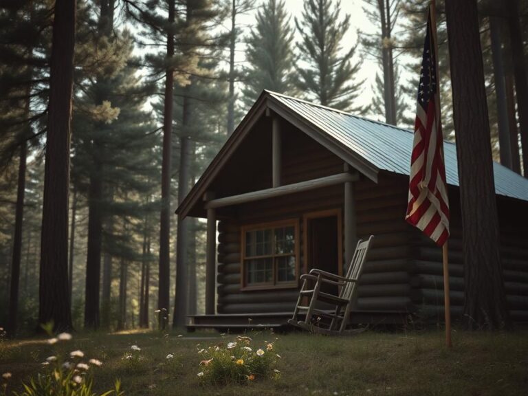 Flick International A rustic wooden cabin in a serene forest setting