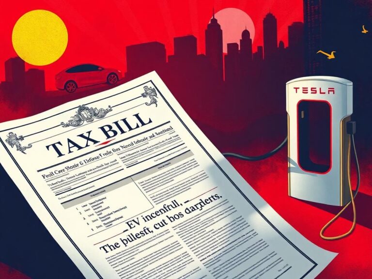 Flick International Abstract representation of political tension featuring a tax bill document, electric vehicle silhouette, and charging station