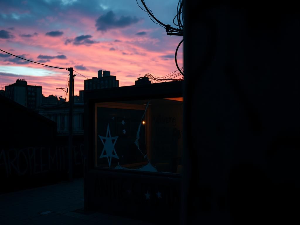 Flick International Urban landscape at dusk depicting antisemitism with graffiti and a shattered storefront window