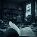 Flick International Chaotic office scene illustrating political turmoil with scattered papers and a tell-all book
