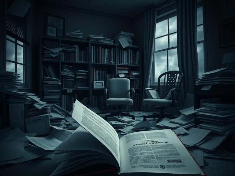 Flick International Chaotic office scene illustrating political turmoil with scattered papers and a tell-all book