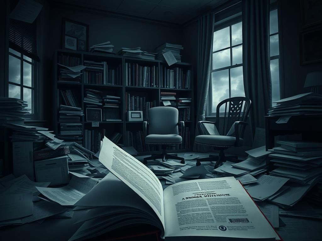 Flick International Chaotic office scene illustrating political turmoil with scattered papers and a tell-all book