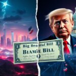 Flick International A split landscape depicting the feud between Elon Musk and Donald Trump with contrasting futuristic and traditional elements.