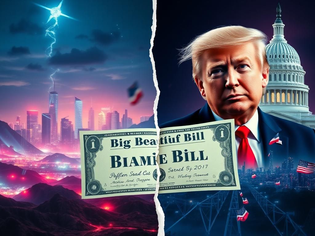 Flick International A split landscape depicting the feud between Elon Musk and Donald Trump with contrasting futuristic and traditional elements.