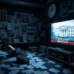 Flick International Dimly lit newsroom showcasing vintage typewriter and scattered papers