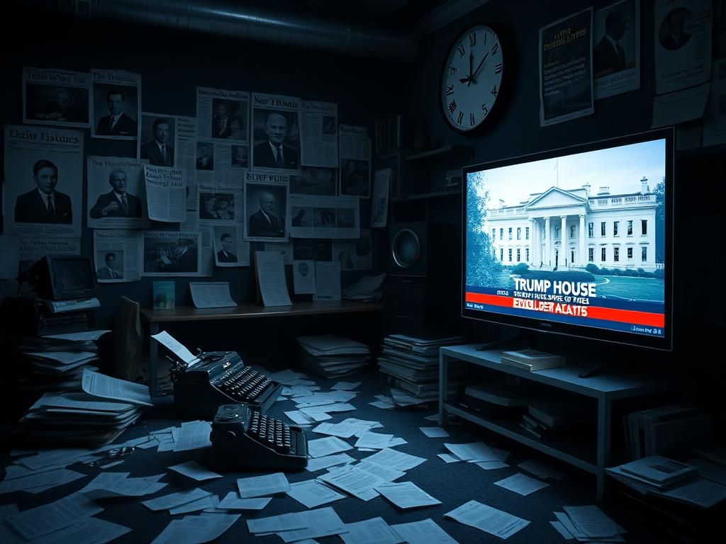 Flick International Dimly lit newsroom showcasing vintage typewriter and scattered papers