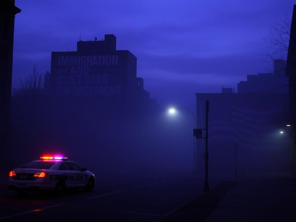 Flick International Foggy Boston street at dusk with a police car and ICE sign