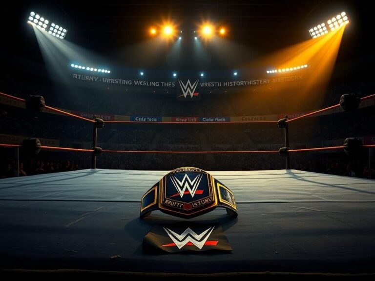 Flick International Dimly lit wrestling ring with R-Truth's championship belt