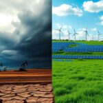 Flick International A dramatic split scene illustrating the contrast between a barren oil field and a vibrant renewable energy landscape.