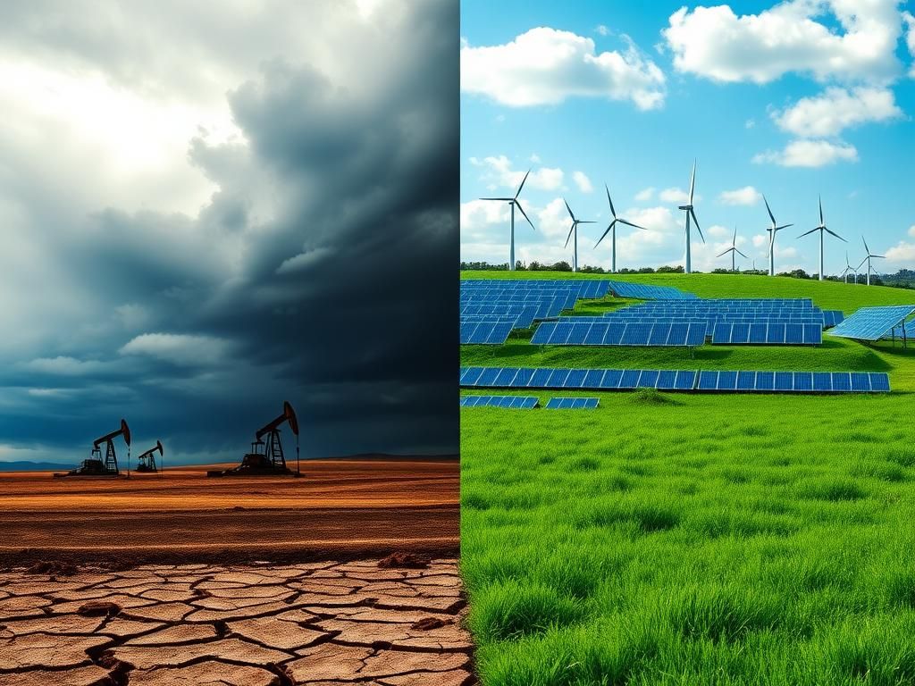 Flick International A dramatic split scene illustrating the contrast between a barren oil field and a vibrant renewable energy landscape.
