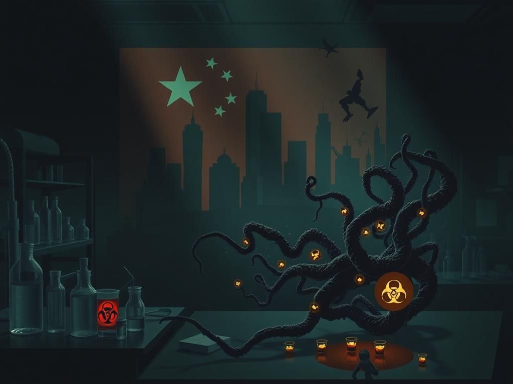 Flick International Dark laboratory setting with looming shadows and scientific equipment reflecting agroterrorism themes.