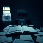 Flick International Dimly lit office setting with an empty desk, documents, and an open manuscript titled 'Independent: A Look Inside a Broken White House.'