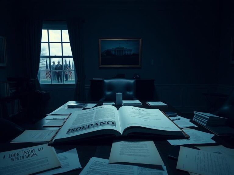 Flick International Dimly lit office setting with an empty desk, documents, and an open manuscript titled 'Independent: A Look Inside a Broken White House.'