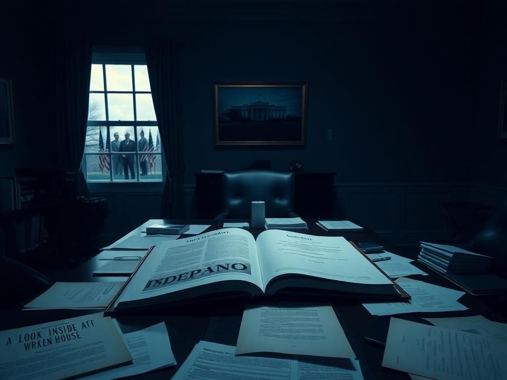 Flick International Dimly lit office setting with an empty desk, documents, and an open manuscript titled 'Independent: A Look Inside a Broken White House.'