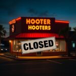 Flick International Exterior view of a Hooters restaurant with a prominent 'Closed' sign at twilight