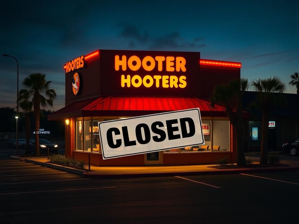 Flick International Exterior view of a Hooters restaurant with a prominent 'Closed' sign at twilight