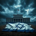 Flick International Israeli Knesset building under a stormy sky with a cracked flag in the foreground