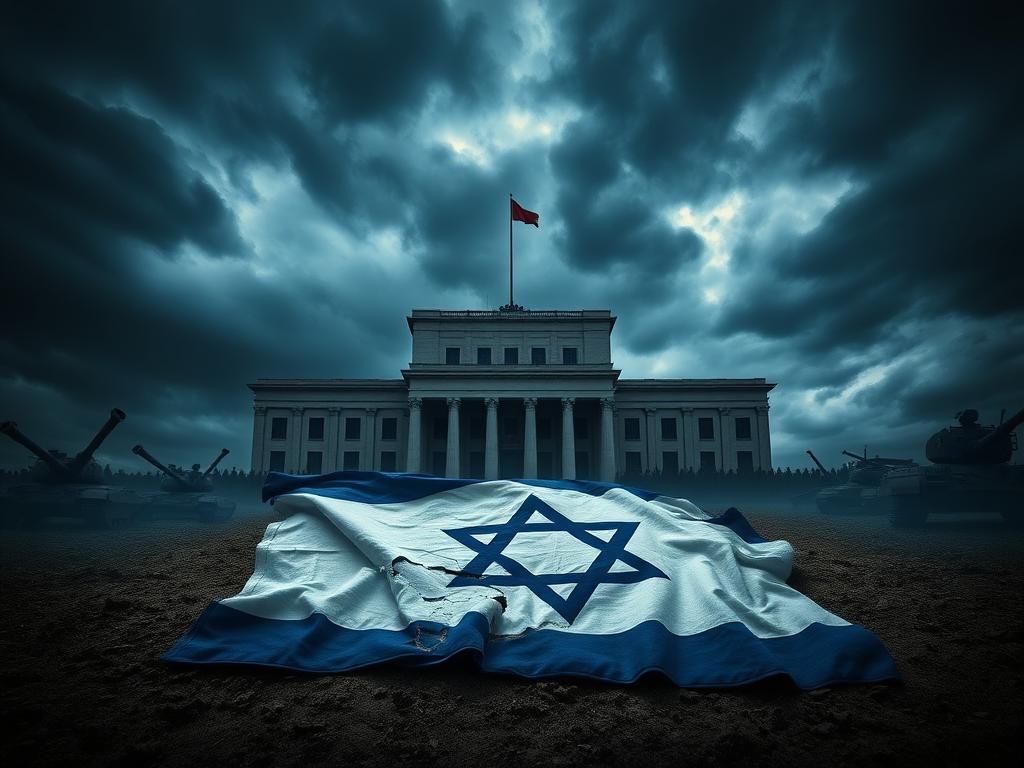 Flick International Israeli Knesset building under a stormy sky with a cracked flag in the foreground