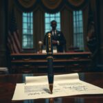 Flick International A dimly lit Oval Office featuring a presidential desk with documents and an antique pen symbolizing authenticity vs. artificiality.