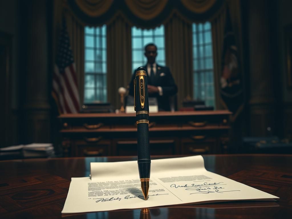 Flick International A dimly lit Oval Office featuring a presidential desk with documents and an antique pen symbolizing authenticity vs. artificiality.