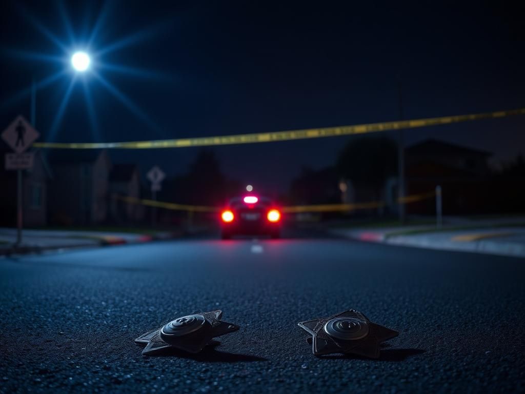 Flick International Nighttime scene in Baldwin Park, California, with a fallen police badge illuminated by police lights