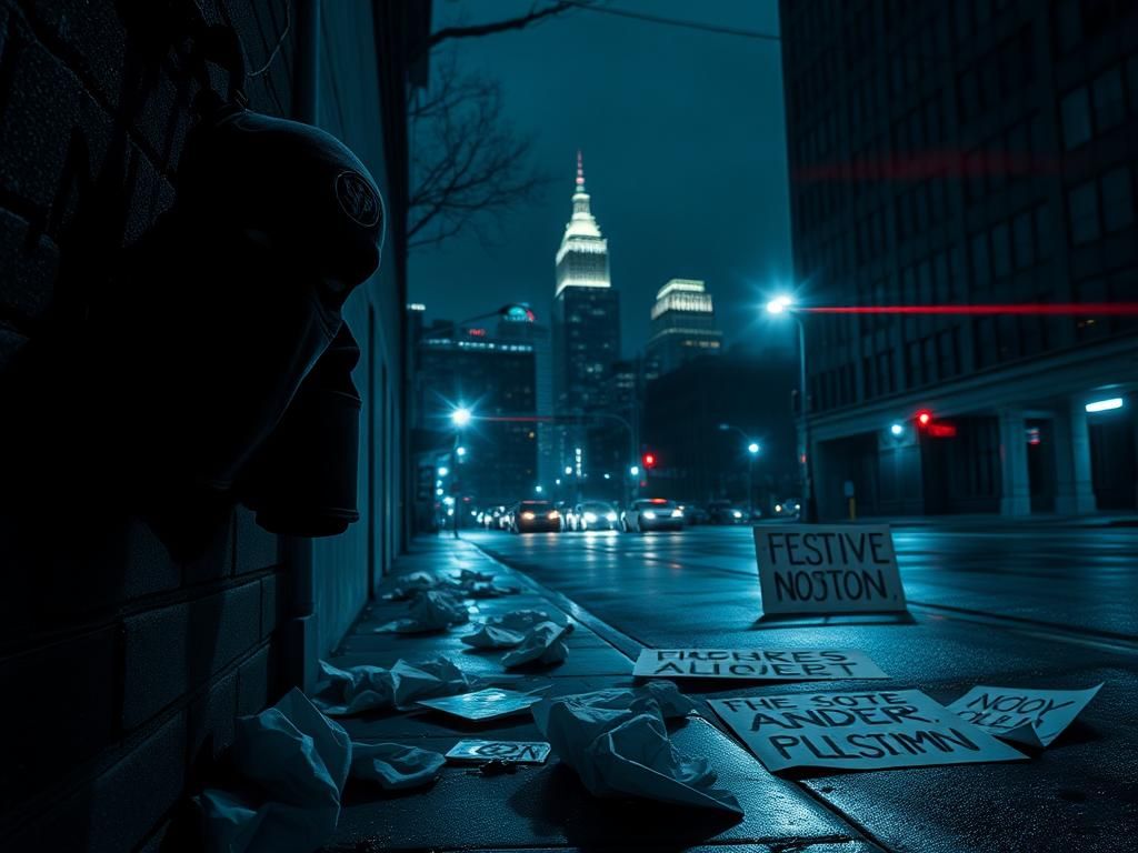 Flick International Boston's dramatic urban night scene with masked tactical gear in an alley.