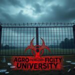 Flick International Ominous scene of a closed university gate with barbed wire and a rusty biohazard symbol against a dark sky