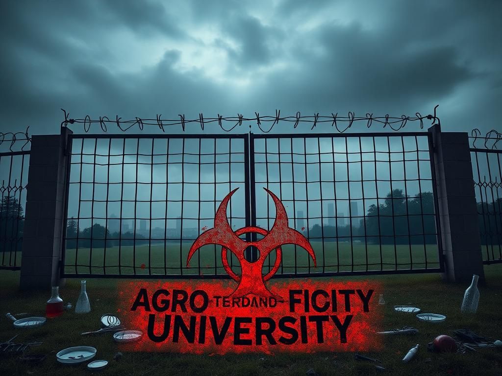 Flick International Ominous scene of a closed university gate with barbed wire and a rusty biohazard symbol against a dark sky