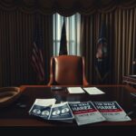 Flick International Darkly lit Oval Office featuring presidential desk and empty dog bed, symbolizing Trump's comments on Tim Walz.