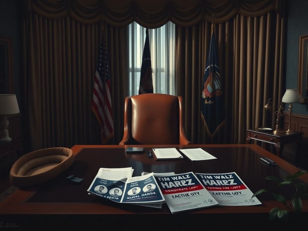 Flick International Darkly lit Oval Office featuring presidential desk and empty dog bed, symbolizing Trump's comments on Tim Walz.