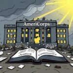 Flick International Symbolic illustration of a large crumbling building labeled 'AmeriCorps' surrounded by scattered papers and empty office chairs, depicting funding cuts