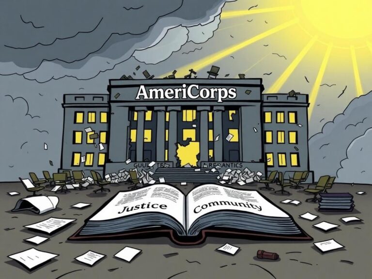 Flick International Symbolic illustration of a large crumbling building labeled 'AmeriCorps' surrounded by scattered papers and empty office chairs, depicting funding cuts