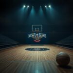 Flick International Dimly lit basketball court with the New Orleans Pelicans logo and empty bleachers