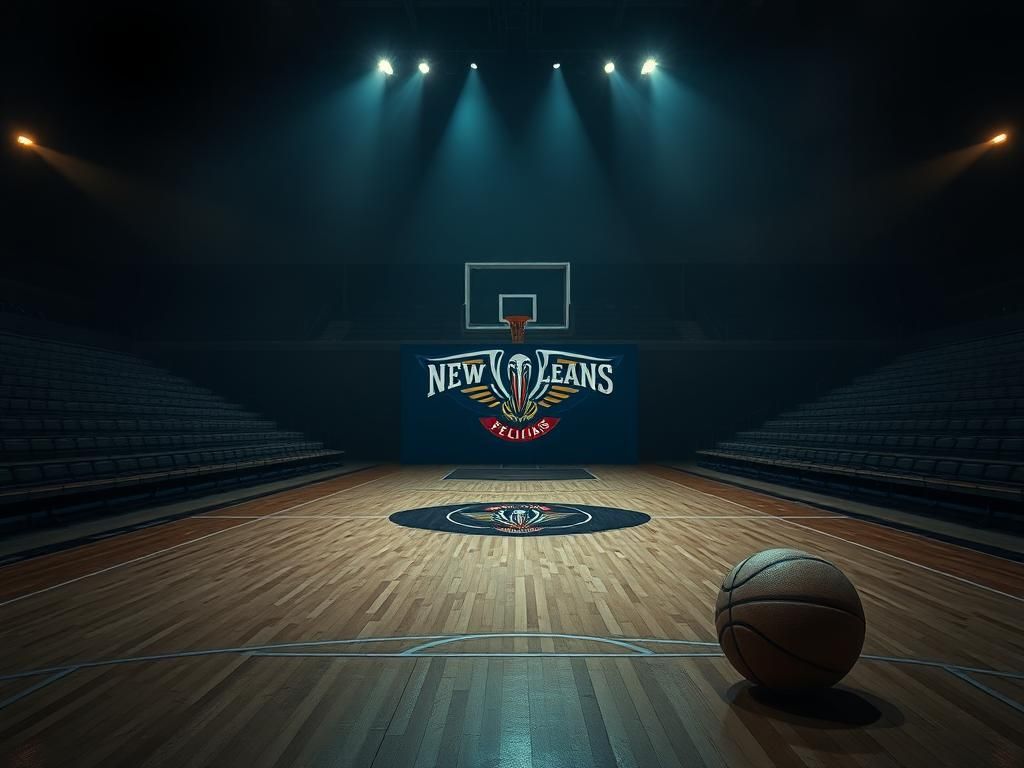 Flick International Dimly lit basketball court with the New Orleans Pelicans logo and empty bleachers