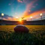 Flick International A football field at sunset with a lone football on the grass