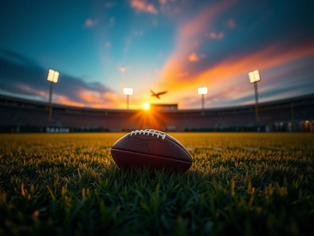 Flick International A football field at sunset with a lone football on the grass