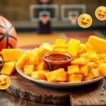 Flick International A playful still life of cheddar cheese and A1 sauce on a rustic wooden table with a blurred basketball court in the background