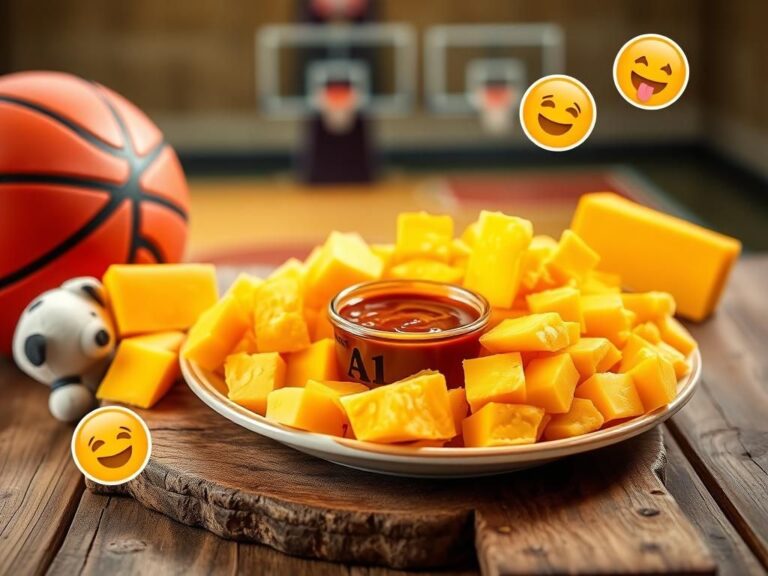 Flick International A playful still life of cheddar cheese and A1 sauce on a rustic wooden table with a blurred basketball court in the background