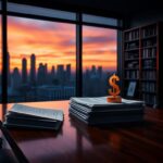 Flick International Dramatic urban office scene with sunset skyline and financial documents