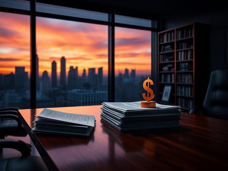 Flick International Dramatic urban office scene with sunset skyline and financial documents