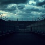 Flick International A dramatic scene of an empty detention center under a cloudy sky, symbolizing immigration enforcement.