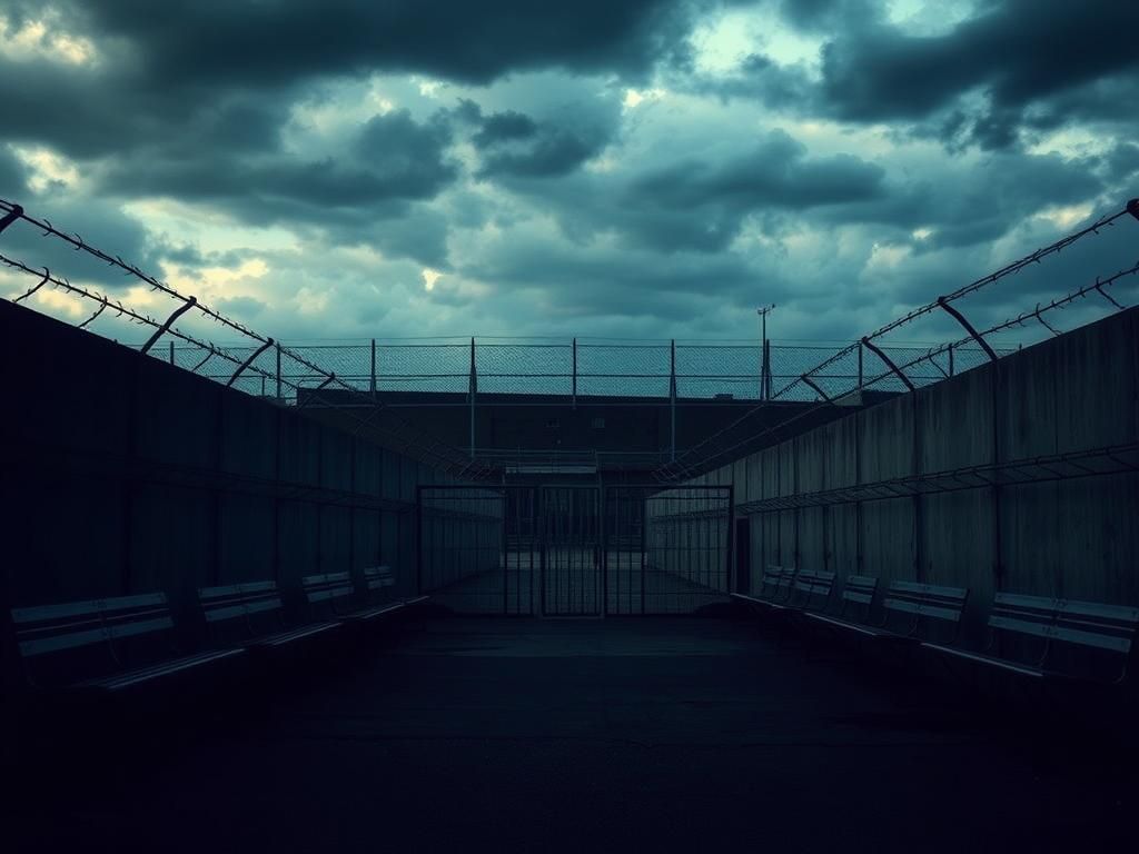 Flick International A dramatic scene of an empty detention center under a cloudy sky, symbolizing immigration enforcement.