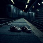 Flick International Torn, crumpled sneakers on a dimly lit subway platform symbolizing a harrowing subway accident