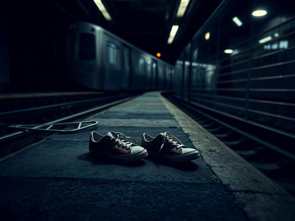 Flick International Torn, crumpled sneakers on a dimly lit subway platform symbolizing a harrowing subway accident