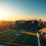 Flick International Aerial view of a modern football stadium showcasing Pittsburgh Steelers colors