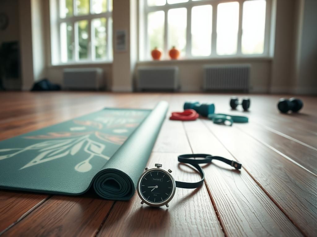 Flick International A serene workout scene showcasing two yoga mats and exercise props in a bright gym