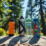 Flick International Colorful hiking water bottles displayed on a rock in a lush forest