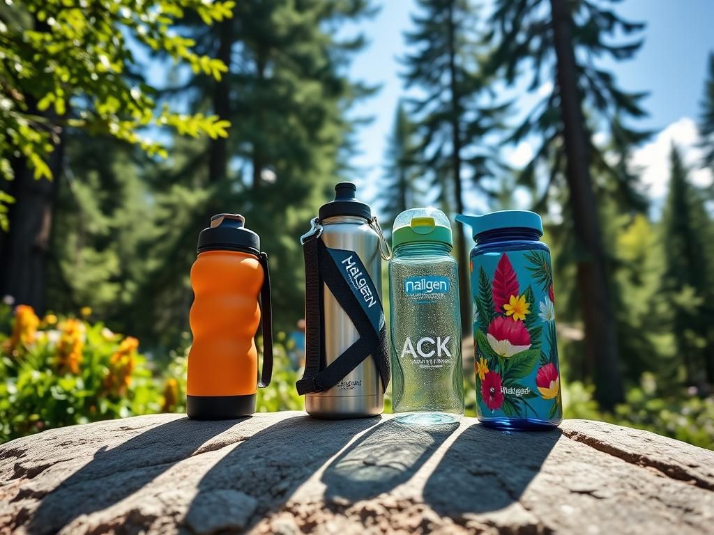 Flick International Colorful hiking water bottles displayed on a rock in a lush forest