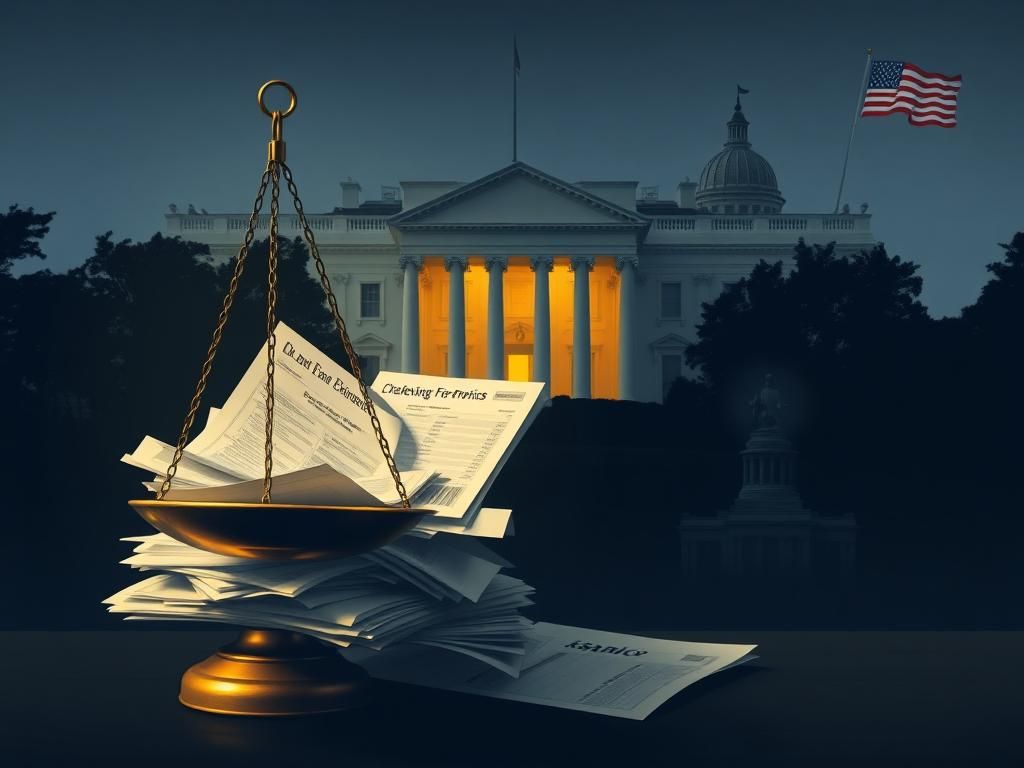 Flick International A balance scale tipped toward financial documents symbolizing the debate over government transparency and ethics.
